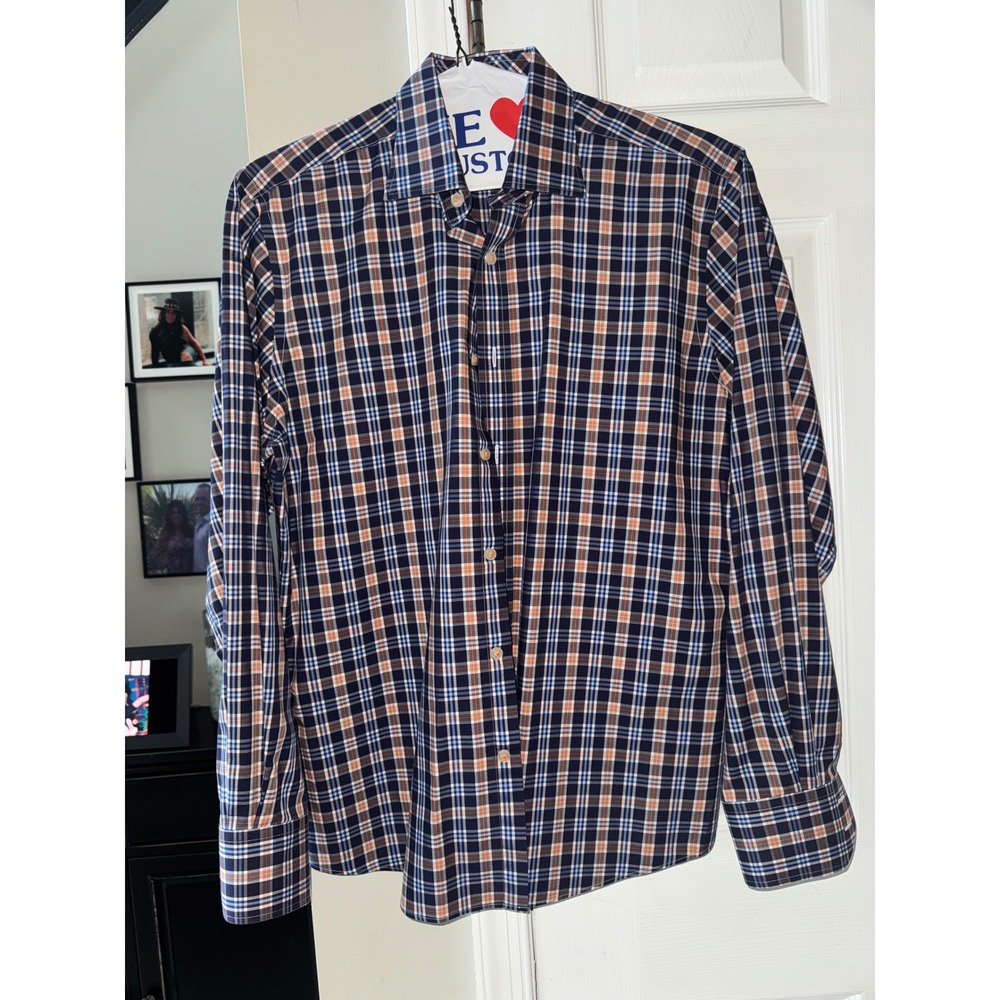Maker & Company Mens Medium Plaid Button Down Shirt Navy Blue Orange Cotton M